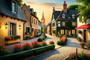 en gata i Europa med blommor och hus. ai-genererad foto