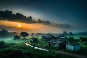 en soluppgång över en små by i de landsbygden. ai-genererad foto
