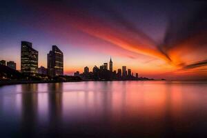 de stad horisont på solnedgång i dubai. ai-genererad foto