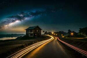 en lång exponering Foto av en hus och de mjölkig i de natt himmel. ai-genererad