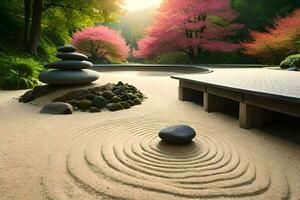 en zen trädgård med stenar och en sten. ai-genererad foto