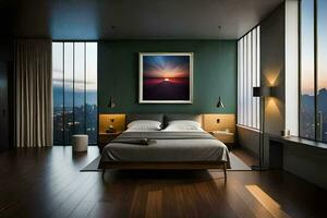 en modern sovrum med en stor säng och en målning på de vägg. ai-genererad foto