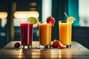 tre glasögon av juice med jordgubbar och jordgubbar. ai-genererad foto