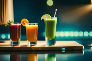tre annorlunda typer av juicer på en trä- bricka. ai-genererad foto