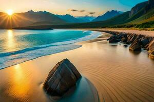 de Sol uppsättningar över en strand och berg. ai-genererad foto