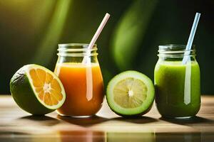 tre annorlunda typer av juice i burkar. ai-genererad foto