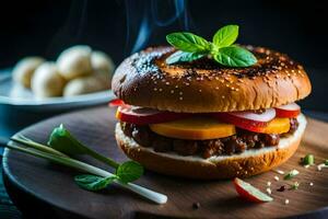 en hamburgare med kött, grönsaker och en bulle. ai-genererad foto