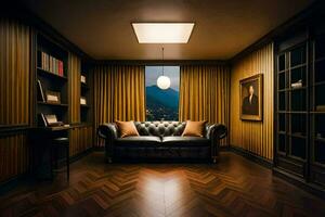 en rum med en läder soffa och bokhyllor. ai-genererad foto