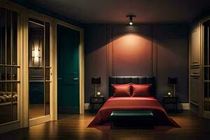 en sovrum med en röd säng och en ljus. ai-genererad foto