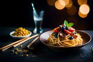 spaghetti med tomater och bönor på en trä- tabell. ai-genererad foto