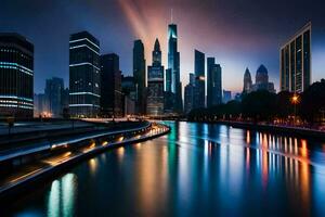 de stad horisont på natt med en flod och lampor. ai-genererad foto