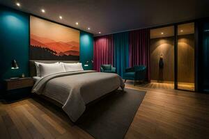 en hotell rum med en säng, stol och en målning på de vägg. ai-genererad foto