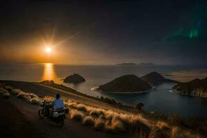 en man på en motorcykel är Sammanträde på de sida av en kulle utsikt de hav. ai-genererad foto