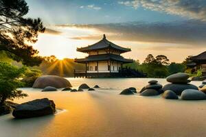 de japansk tempel i de solnedgång. ai-genererad foto