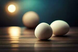 tre ägg på en tabell med en ljus Bakom dem. ai-genererad foto