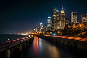 chicago horisont på natt. ai-genererad foto