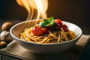 spaghetti med tomater och basilika på en trä- tabell. ai-genererad foto