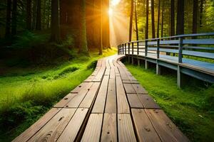 en trä- gångväg i de skog med de Sol lysande. ai-genererad foto