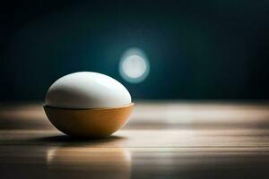 ett ägg Sammanträde på en trä- tabell med en ljus Bakom Det. ai-genererad foto