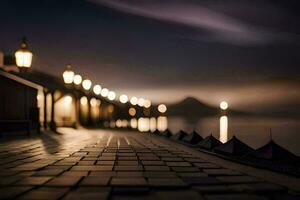 en lång gångväg med lampor på den på natt. ai-genererad foto