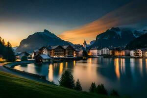 Foto tapet de himmel, berg, sjö, schweiz, de stad, sjö, schweiz. ai-genererad