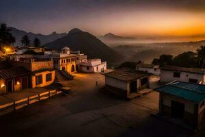 de Sol uppsättningar över en by i Indien. ai-genererad foto