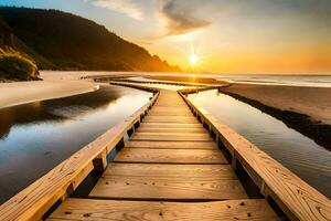 en trä- gångväg leder till de strand på solnedgång. ai-genererad foto