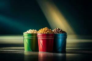 tre hinkar av popcorn på en mörk tabell. ai-genererad foto