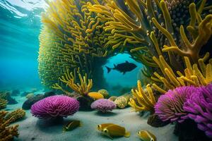 ett under vattnet scen med färgrik koraller och fisk. ai-genererad foto