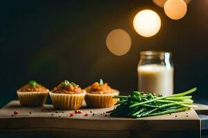 en trä- skärande styrelse med cupcakes, broccoli och mjölk. ai-genererad foto
