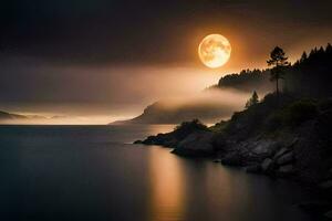 en full måne är sett över de vatten i en dimmig natt. ai-genererad foto