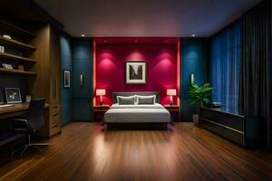 en modern sovrum med en röd accent vägg och trä- golv. ai-genererad foto
