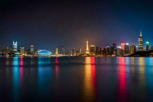de stad lampor av shanghai på natt. ai-genererad foto