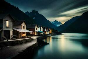 Foto tapet de himmel, berg, vatten, hus, norge, de fjordar. ai-genererad