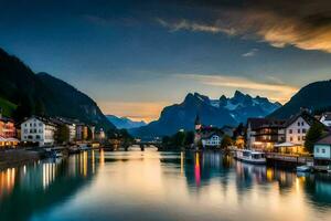 Foto tapet de himmel, berg, vatten, stad, sjö, schweiz, sjö laut. ai-genererad