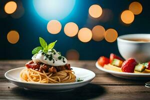 spaghetti med tomat sås och gurka på en tallrik. ai-genererad foto