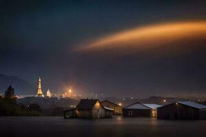 en stad på natt med en kyrka i de bakgrund. ai-genererad foto