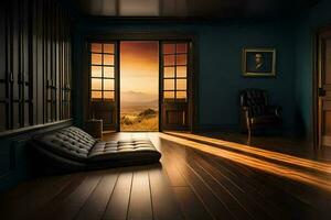 en rum med en soffa och en fönster med de Sol lysande genom. ai-genererad foto