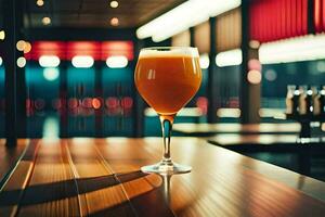 en glas av öl Sammanträde på en tabell i främre av en bar. ai-genererad foto