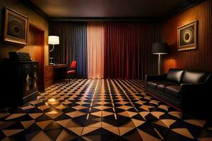 en rum med en svart och vit rutig golv. ai-genererad foto