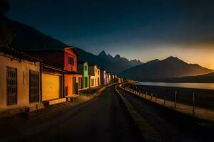 en väg fodrad med färgrik hus på solnedgång. ai-genererad foto