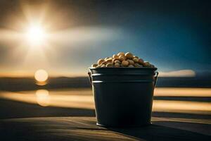 en hink av jordnötter på en strand. ai-genererad foto