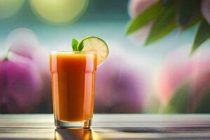 en glas av orange juice med en kalk skiva. ai-genererad foto