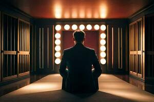 en man Sammanträde i främre av en spegel i en rum med lampor. ai-genererad foto