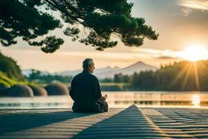 en man mediterar i främre av en sjö på solnedgång. ai-genererad foto