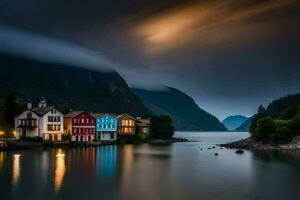 Foto tapet de himmel, berg, hus, de hav, norge, de fjordar. ai-genererad