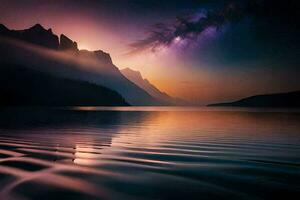en skön solnedgång över en sjö med bergen i de bakgrund. ai-genererad foto