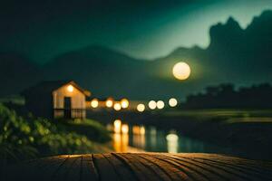 Foto tapet de måne, natt, de flod, de berg, de sjö, de hus,. ai-genererad