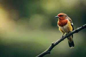 en röd och orange fågel Sammanträde på en gren. ai-genererad foto