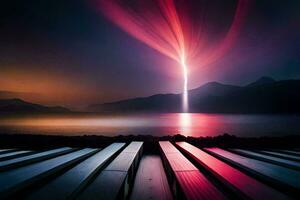en ljus stråle är lysande över en sjö och trä- bänkar. ai-genererad foto